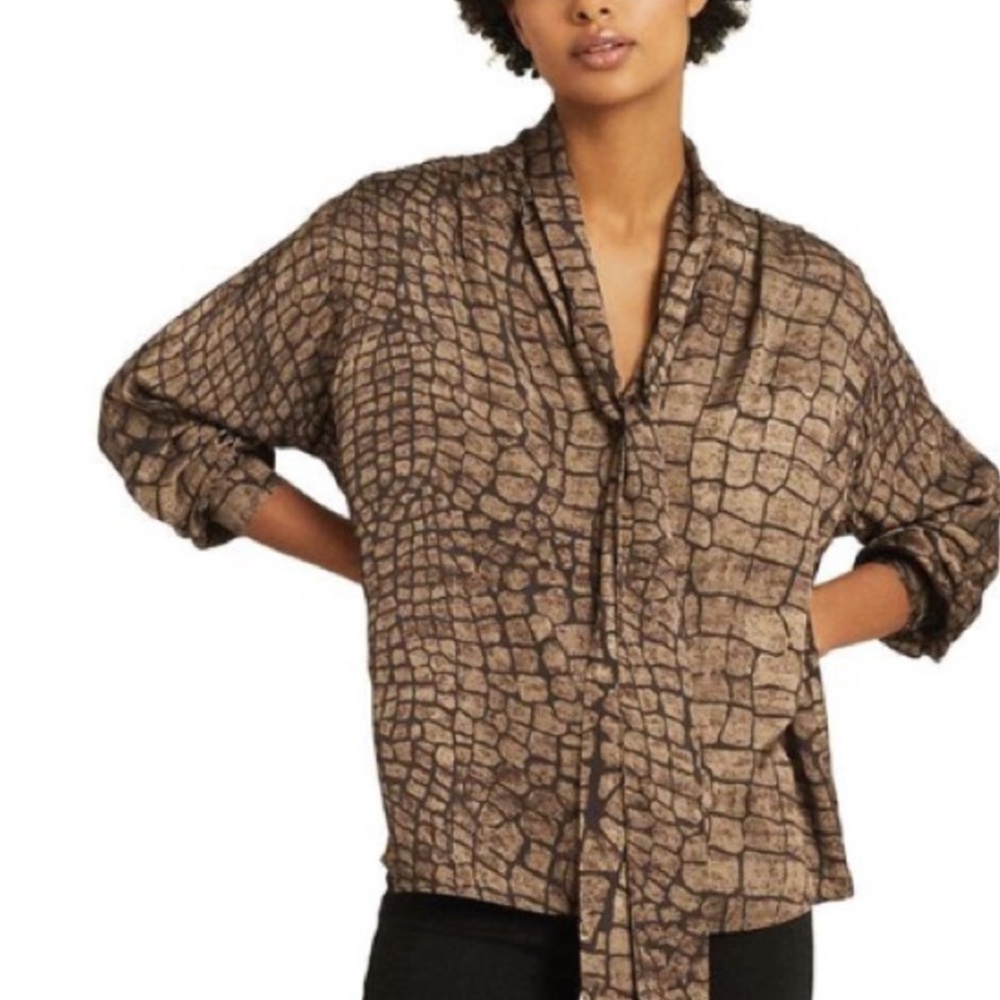LIKE NEW Reiss Snake Print Tie Neck Top Blouse